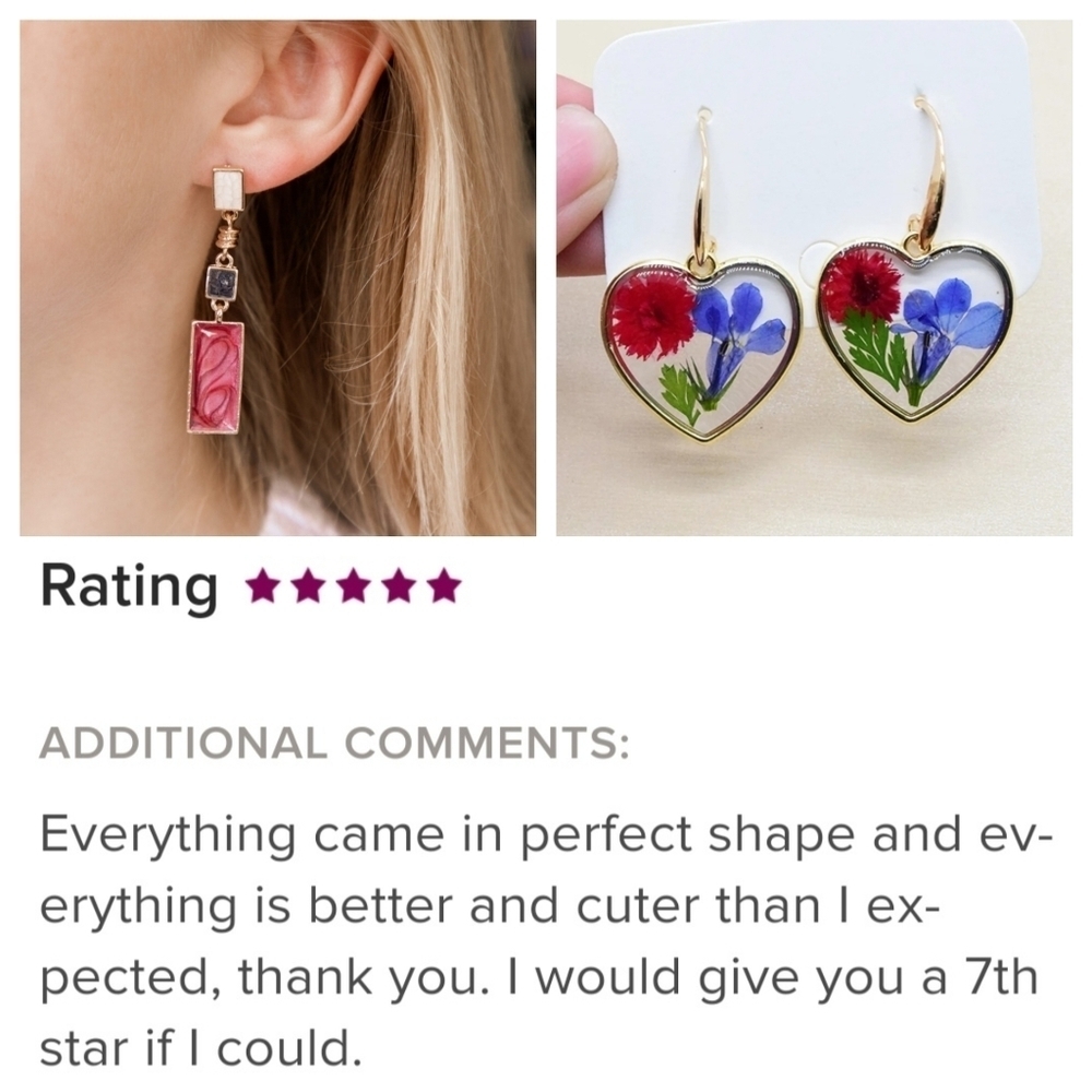 See My Pink Ones Heart Dried Flower Pendant Earrings - Picture 2 of 10